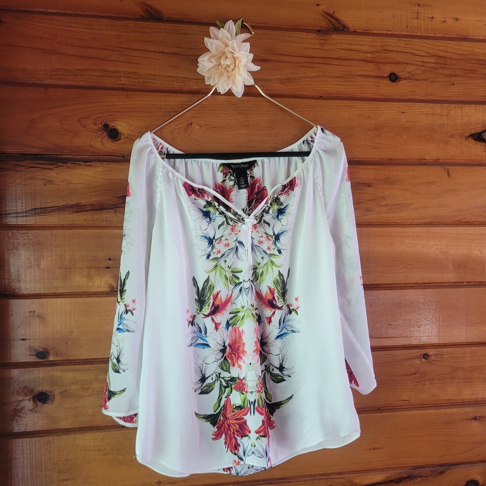 White House Black Market Floral Blouse with Red and Green Accents